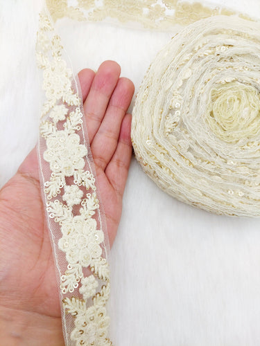 Soft Net Lace Trim Floral Embroidery and Sequins, Floral Sari Border, Decorative Trim